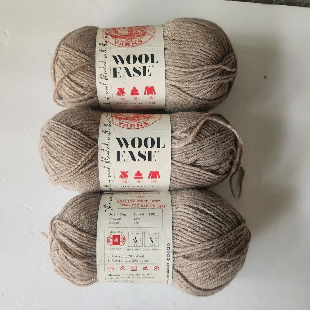 Lion Brand Wool-Ease Yarn Lot of 3 Skeins Medium 4 Taupe Tan 197yd 85g Each